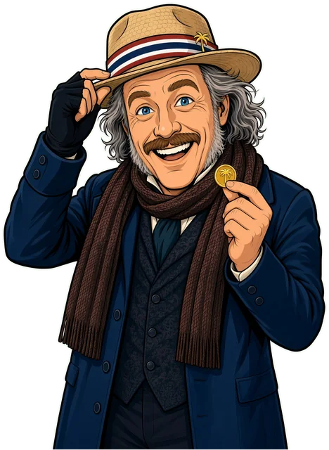 Hans, das Maskottchen von Hans spart, tippt grüßend an seinen Strohhut und hält eine goldene Münze mit Palme.